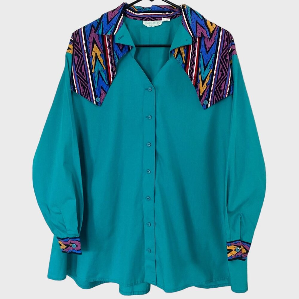 Vintage Western Rodeo Button-Up Shirt Womens Medium Blue Aztec Print Long-Sleeve